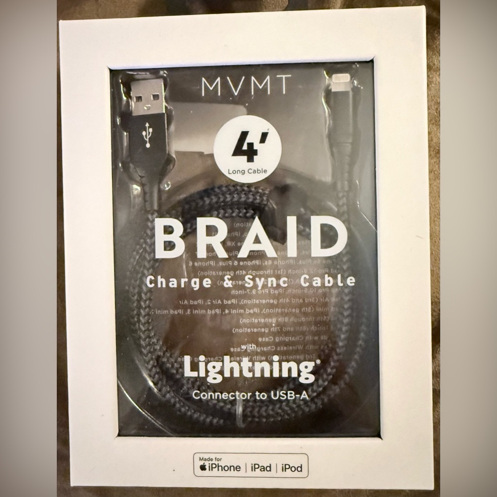 MVMT Braid Lightning Charge and Sync Cable 4 Feet Long Made for iPhone iPad iPod
